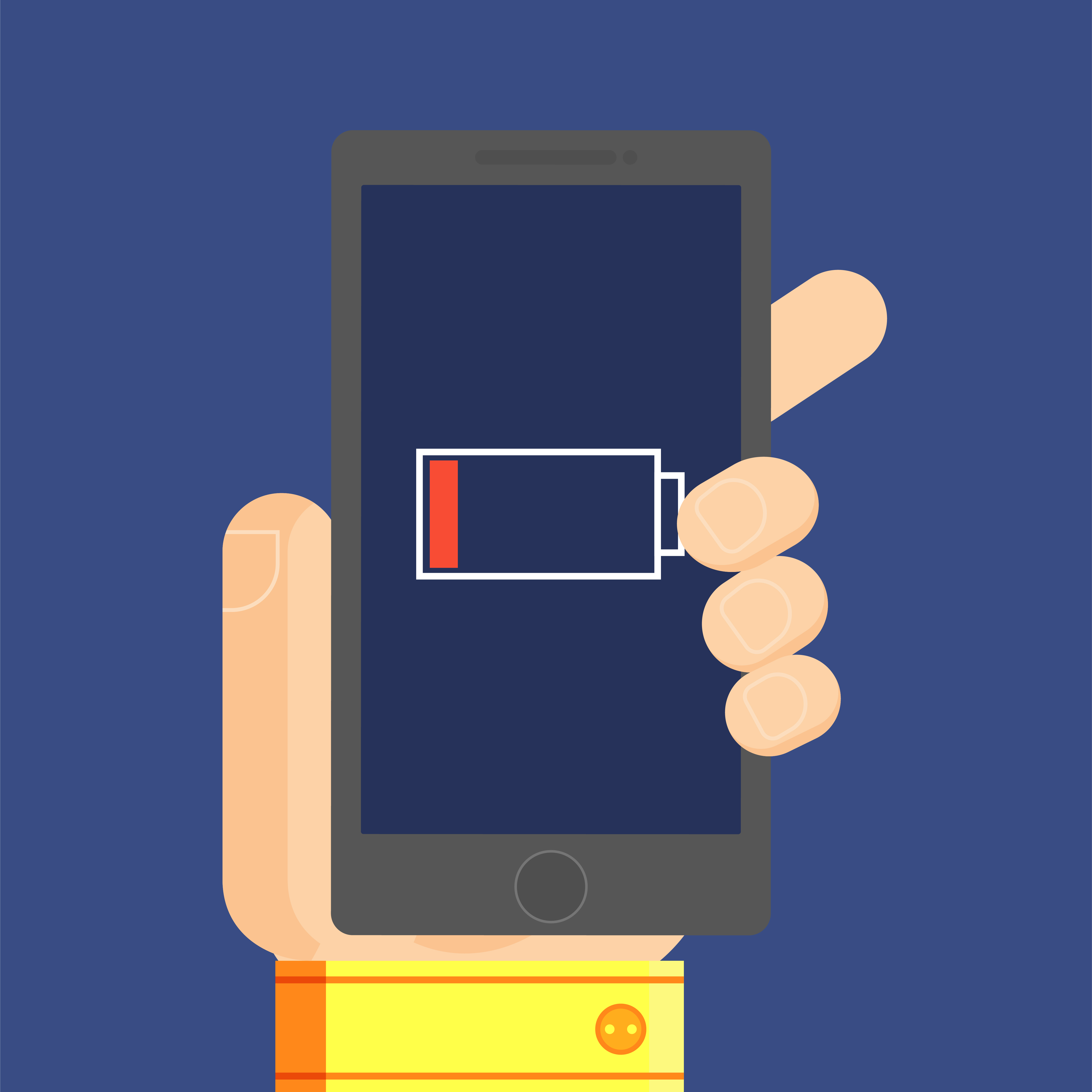 Phone in the man s hand which has low battery. Vector 