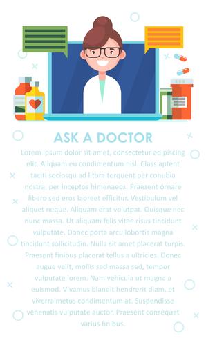 Horisontal el médico. La enfermera responde preguntas en el portátil. Sobre la mesa Pastillas y medicamentos y recetas. Vector ilustración plana