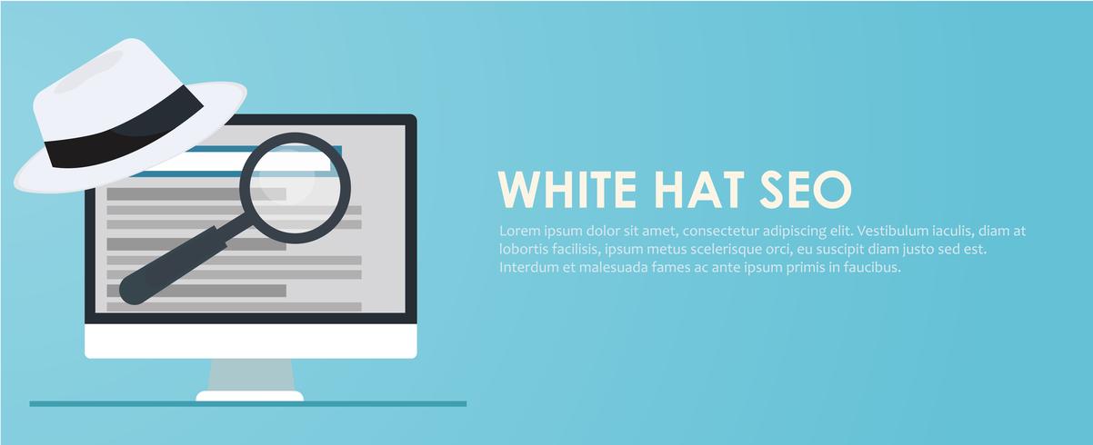 Black and white hat seo banner. Magnifier, and other search engine optimization tools and tactics. Vector flat illustration