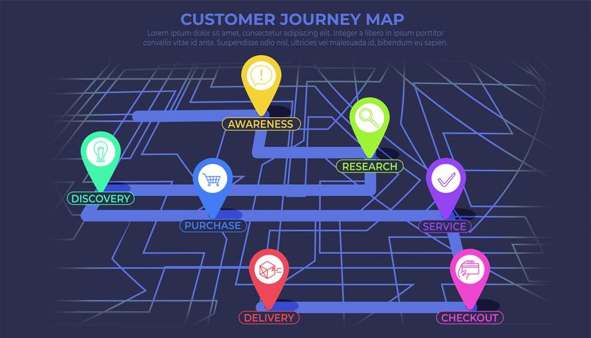 Digital map with colorfull seven points. The way of city navigation with the beginning and the end. Vector banner infographic