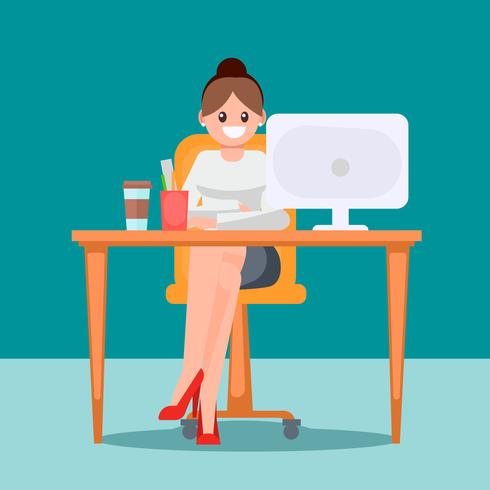 Woman in the office at the table. Vector flat illustration