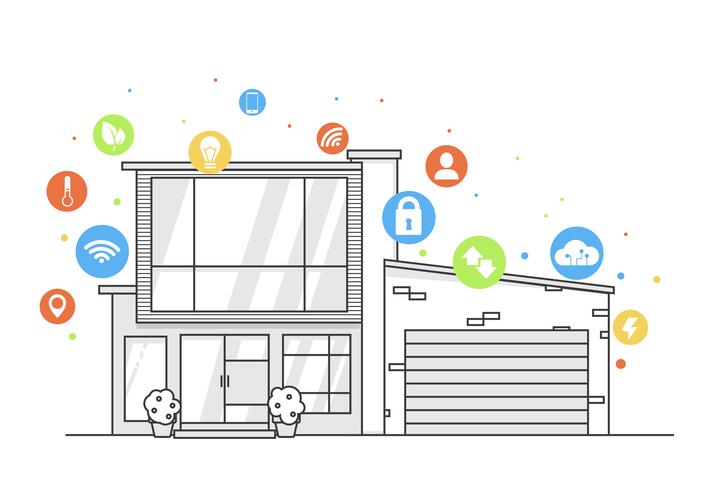 Smart Home App Concept Line Modern House With Digital Colorfull