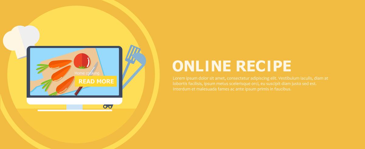 Online recipe banner. Computer with a board and vegetables on the screen. Button read more. Vector flat illustration
