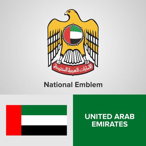 Emiratos Árabes Unidos Emiratos Árabes Unidos emblema nacional, mapa y bandera vector