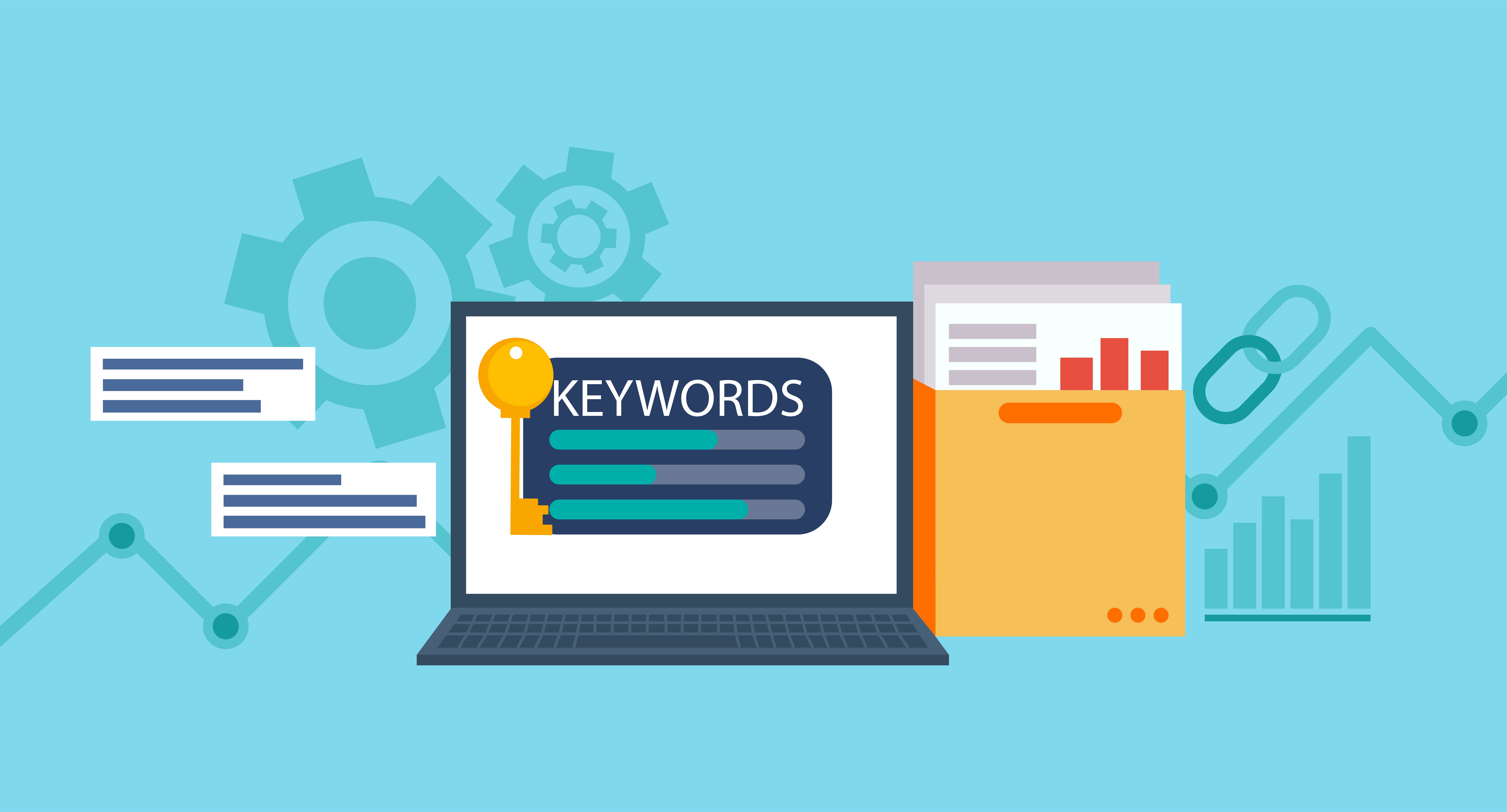 Keywords Research banner. Laptop with a folder of documents and graphs