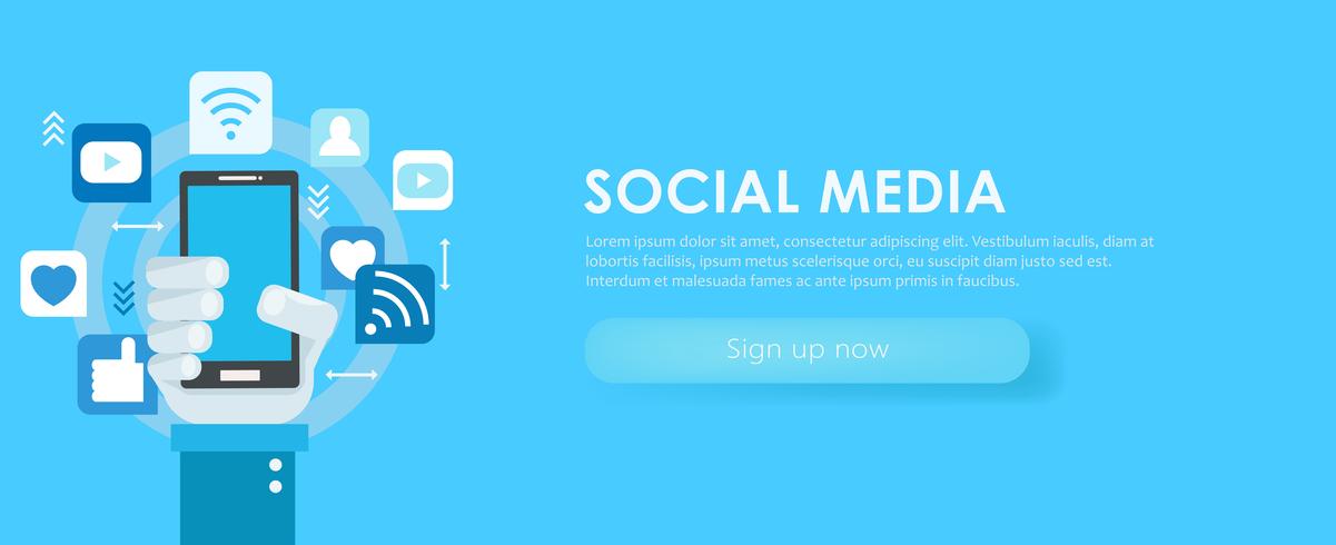 Social media banner. Phone with icons. flat illustration vector