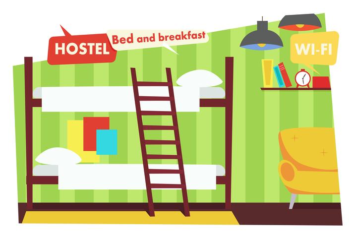 Habitación en albergue. Cama y desayuno. Vector ilustración plana