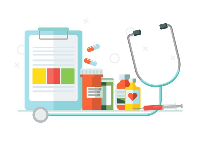 Medical set of objects. Tablets, medicines. Vector flat illustration