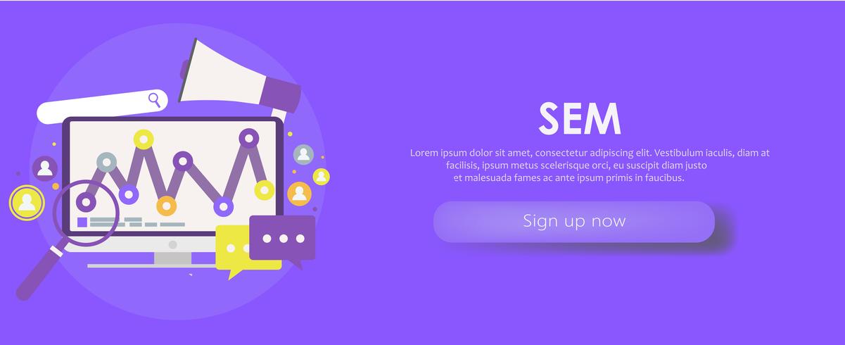 Search Engine Marketing banner. Computer with object, diagram, user icon. Vector flat illusration