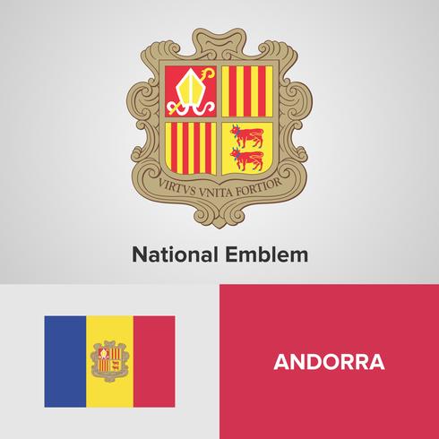 Andorra emblema nacional, mapa y bandera vector