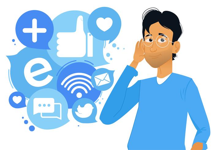 Banner Social listening. The man leaned his hand to his ear, and listens to icons. Vector flat cartoon illustration