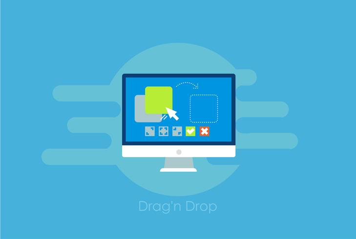 Drag and drop banner. Computer with the program and site configuration settings functions. Vector flat illustration