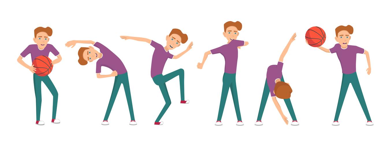 Boy doing different exercises. Vector illustration.