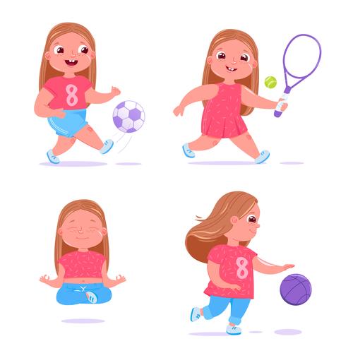 Linda niña se dedica a diferentes tipos de deportes. Ella juega al fútbol, al baloncesto con pelota, medita y hace yoga y también se ocupa del tenis. Rutina diaria y saludable. Ilustración vectorial de dibujos animados vector