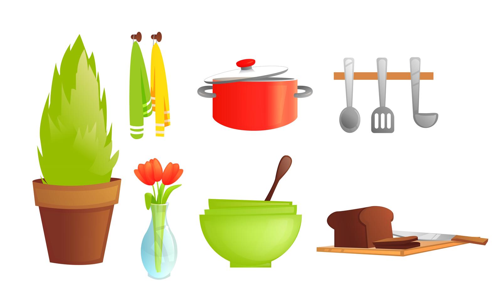 Kitchen tableware. Dishes and interior objects like saucepan, fridge