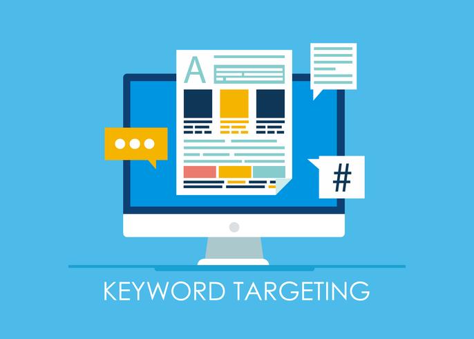 Keyword Targeting Banner. Computer with text and icons. flat illustration vector