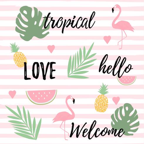 Tropical background with flamingos watermelon and pineapples vector