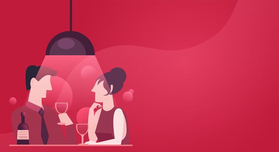 Una cita rápida de una pareja enamorada. Cena con vino. Ilustración rosa roja con estilo en plano vector