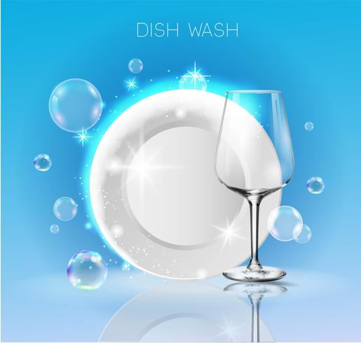 A clean plate and wine glass in soap bubbles. vector