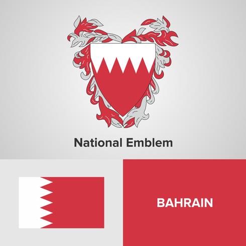 Bahrein emblema nacional, mapa y bandera vector