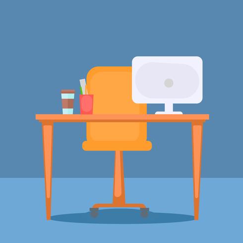 Office with table, computer and office stuff. Vector flat illustration