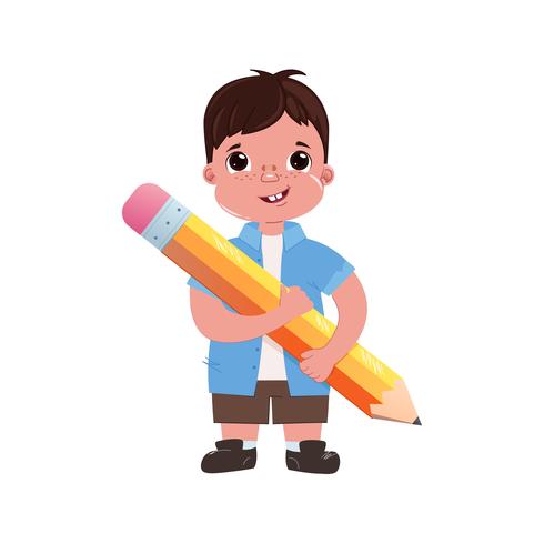 Niño niño colegial con un gran lápiz lindo. Ir al colegio. Estudiemos. Ilustración vectorial de dibujos animados vector