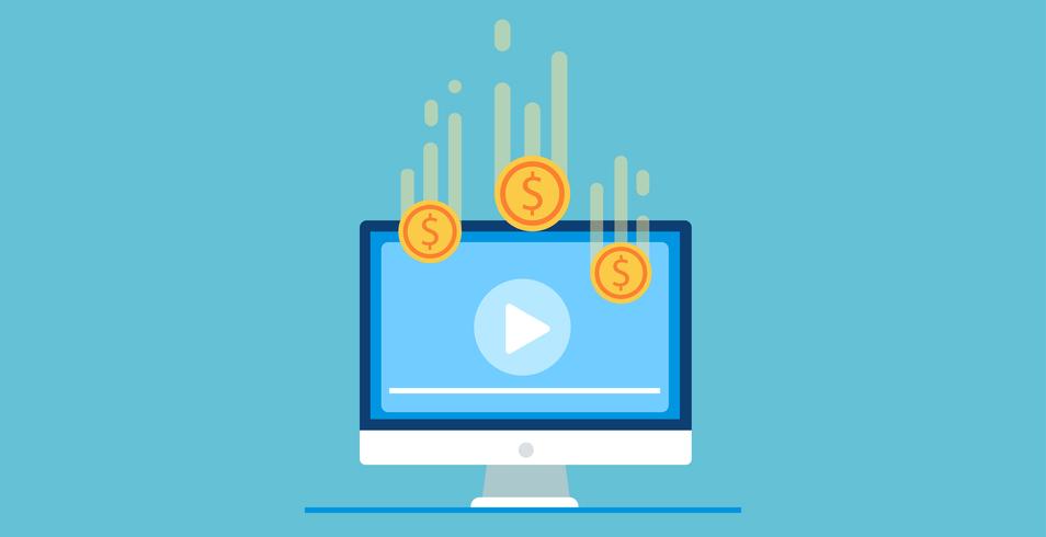 Pay per view banner. Play video on computer after your get money. Vector flat illustration