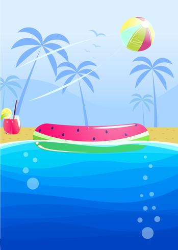 Hola diseño de banner fiesta de verano. Piscina en el parque acuático. Ilustración vectorial de dibujos animados vector