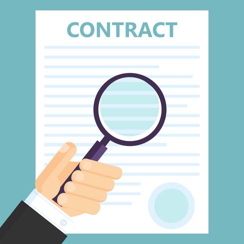 Conclusion of a contract. Viewing text by magnifying glass. Vector flat illustration