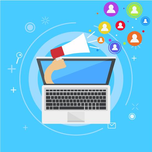 Influencer marketing banner. From the computer comes out a hand with a magnet, calling users. Vector flat illustration