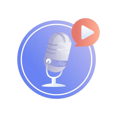 Logo podcast. A microphone with play button. Vector flat illustration