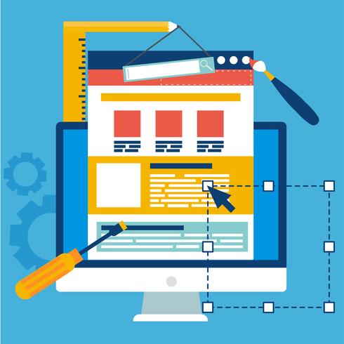 Website Development banner. Computer with constuctor tools. Vector flat illustration