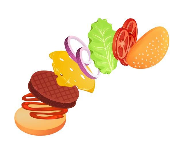 Hamburger with lettuce, onion, cheese, tomato and meat. Flying ingredients of burger. Vector cartoon illustration