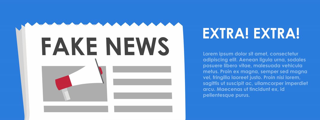 Fake news banner. Blue background with newspaper and speaker. Vector flat illustration