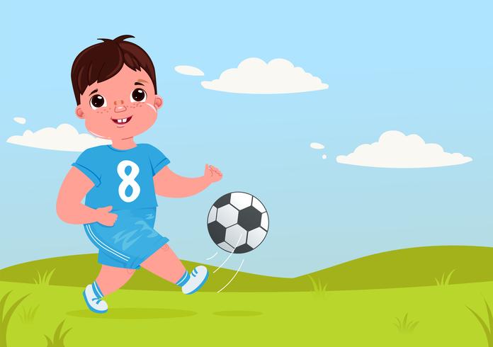 Cute boy girl playing football with a soccer ball. Player's team modern uniform. Healthy activities. Vector cartoon illustration