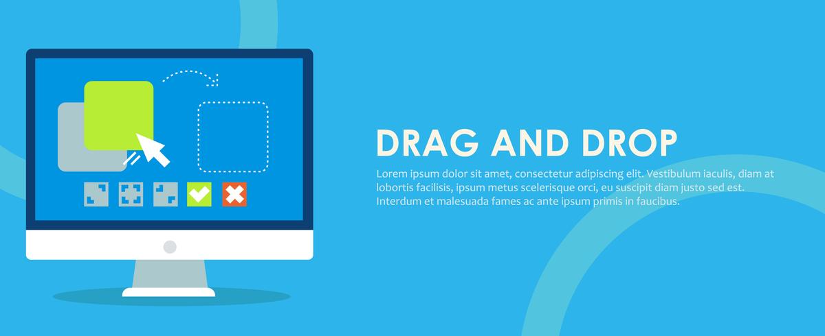 Drag and drop banner. Computer with the program and site configuration settings functions. Vector flat illustration