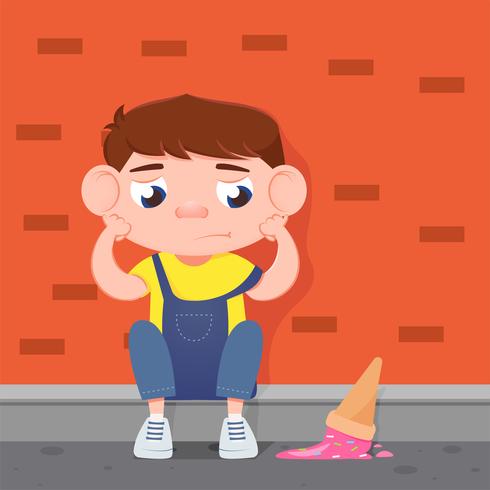 Niño triste llorando por el helado caído. Vector ilustración plana