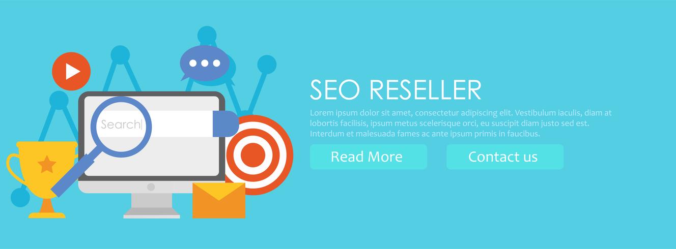 Seo reseller banner. Personal computer with increasing graphics, search optimization, goals and success. Vector flat illustration