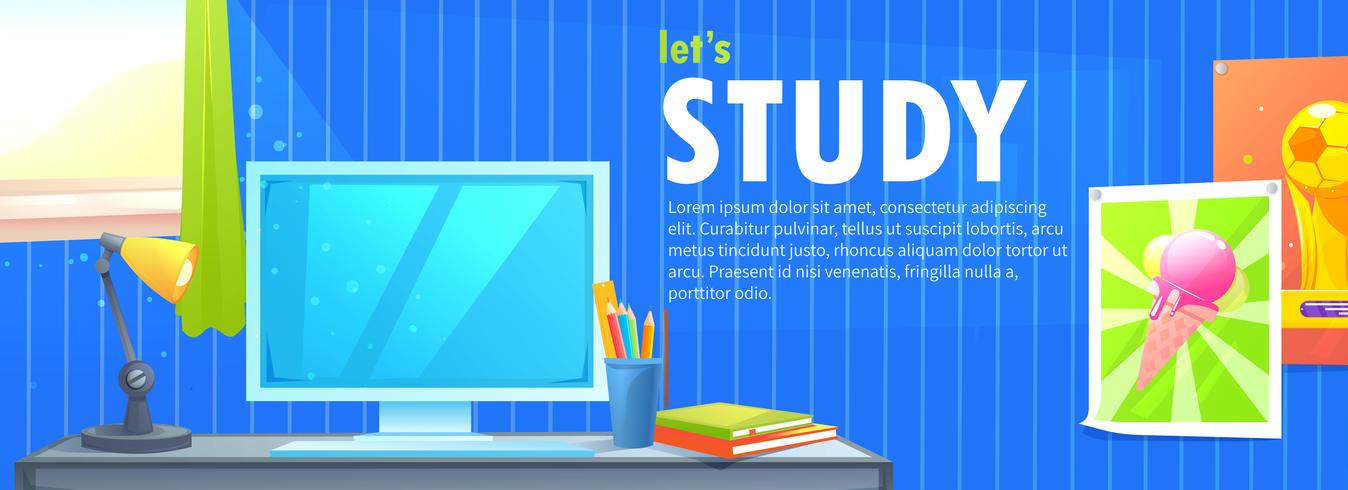 Workplace with a computer desk on which are books and a lamp. Vector cartoon illustration  