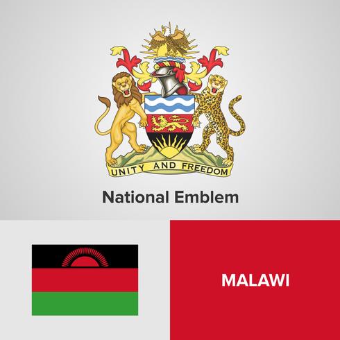 Malawi emblema nacional, mapa y bandera vector