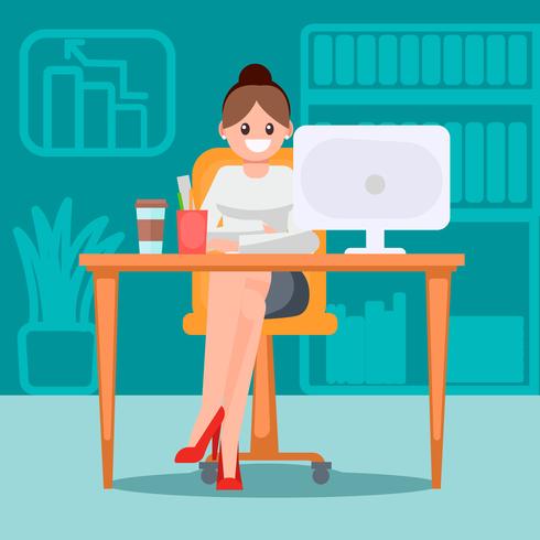 Woman in the office at the table. Vector flat illustration