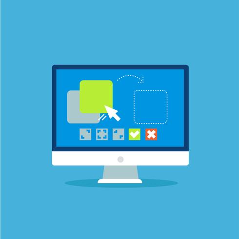 Drag and drop banner. Computer with the program and site configuration settings functions. Vector flat illustration