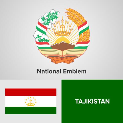 Tayikistán emblema nacional, mapa y bandera vector