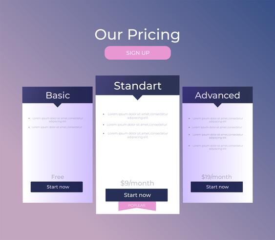 Our price plan . Three Different Categories of Money pricing. Choise premium. Vector flat gradient design