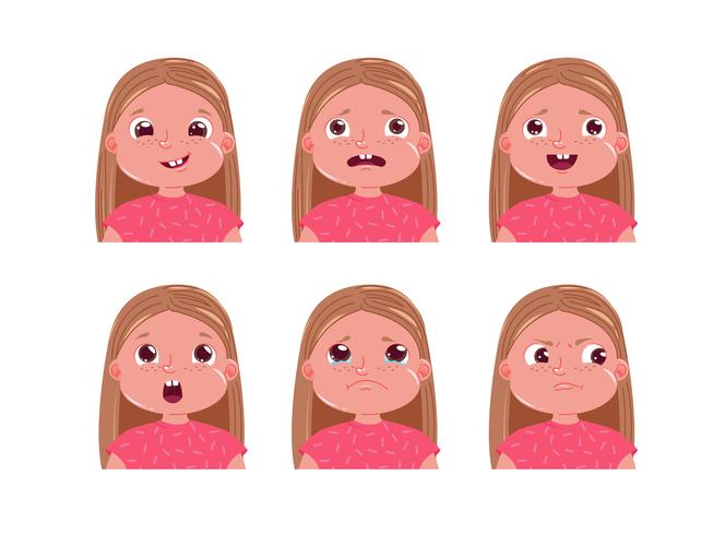 Conjunto de pegatinas de emoción de personaje de niña pequeña. La cara del niño es triste, alegre y asustada. ilustración de dibujos animados vector