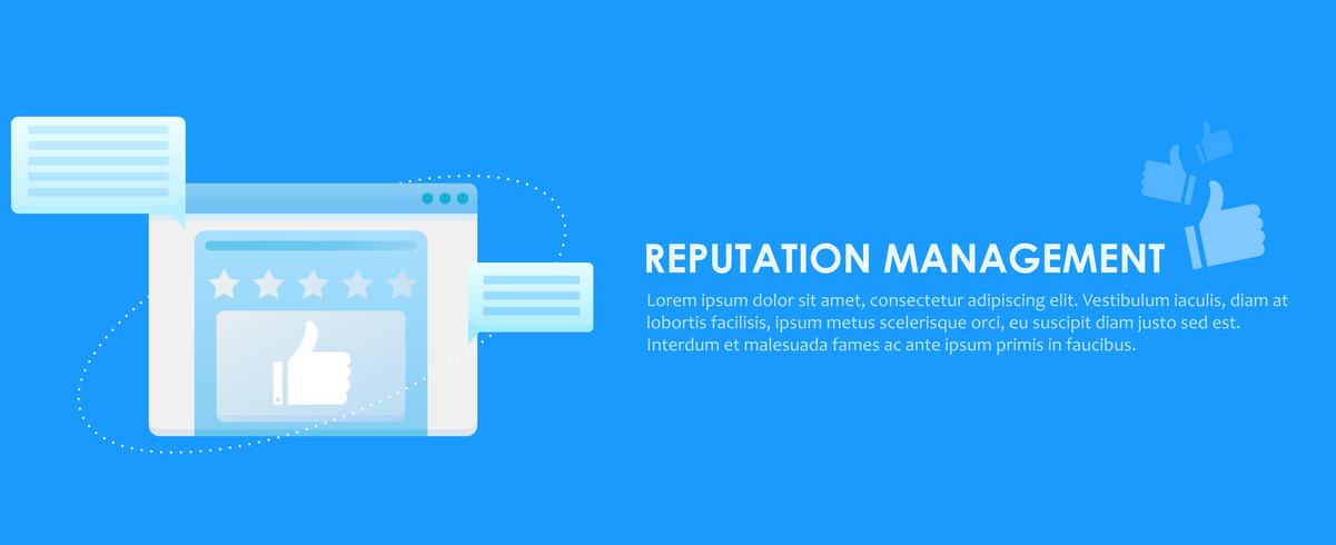 Search Engine Reputation Management Services banner. Browser window with ratings, comments and feedback from users of the site. Vector flat gradient