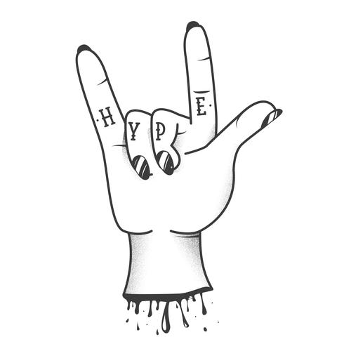 Hype firma tatoo en mano con rock and roll gesto fresco bosquejo. Fuente de la vieja escuela moderna e ilustración vector
