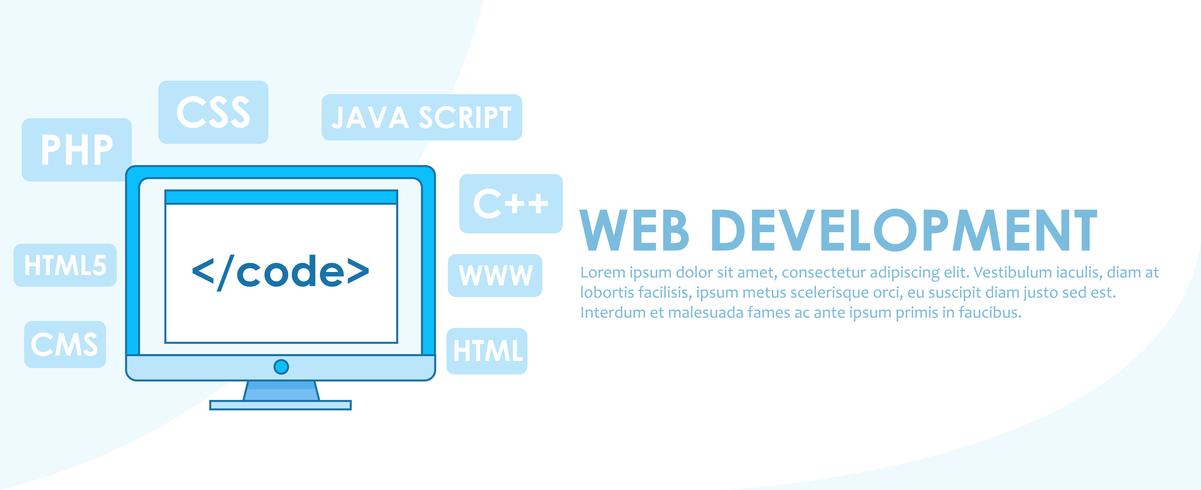 Web development banner. Computer with window A computer with a browser window. Studying different programming languages.Vector flat line ilustration vector