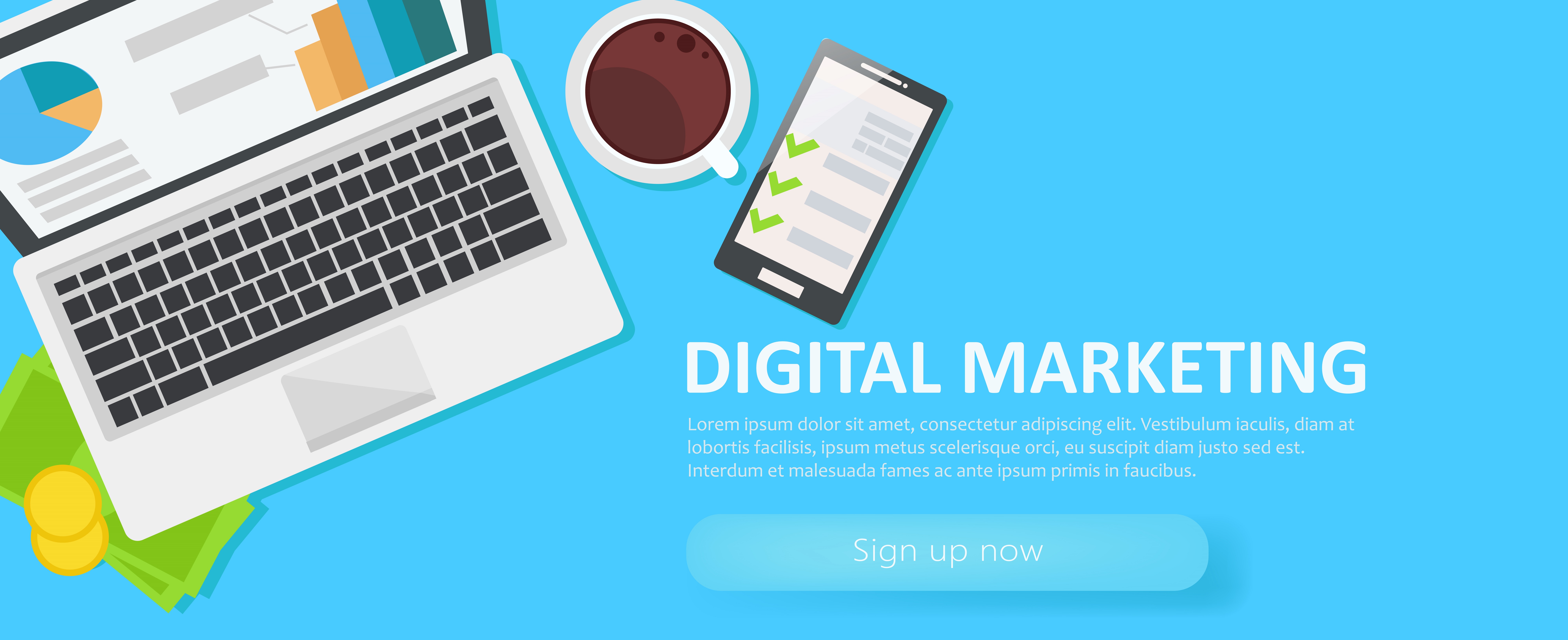  Digital  merketing banner  Workplace with laptop coffee 