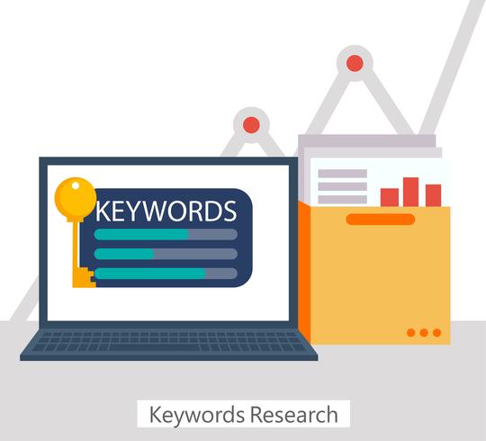 Keywords Research banner. Laptop with a folder of documents and graphs and key. Vector flat illustration